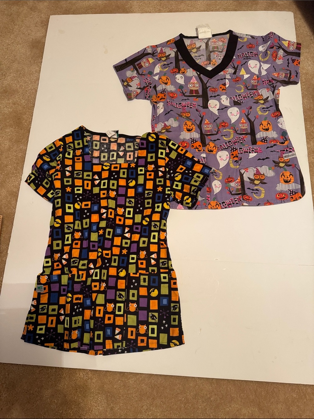 Set of 2 Halloween Print Scrub Tops - Size Small and Extra Small